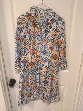 Tyler Boe White Midi Dress with Blue and Orange Geometric Print